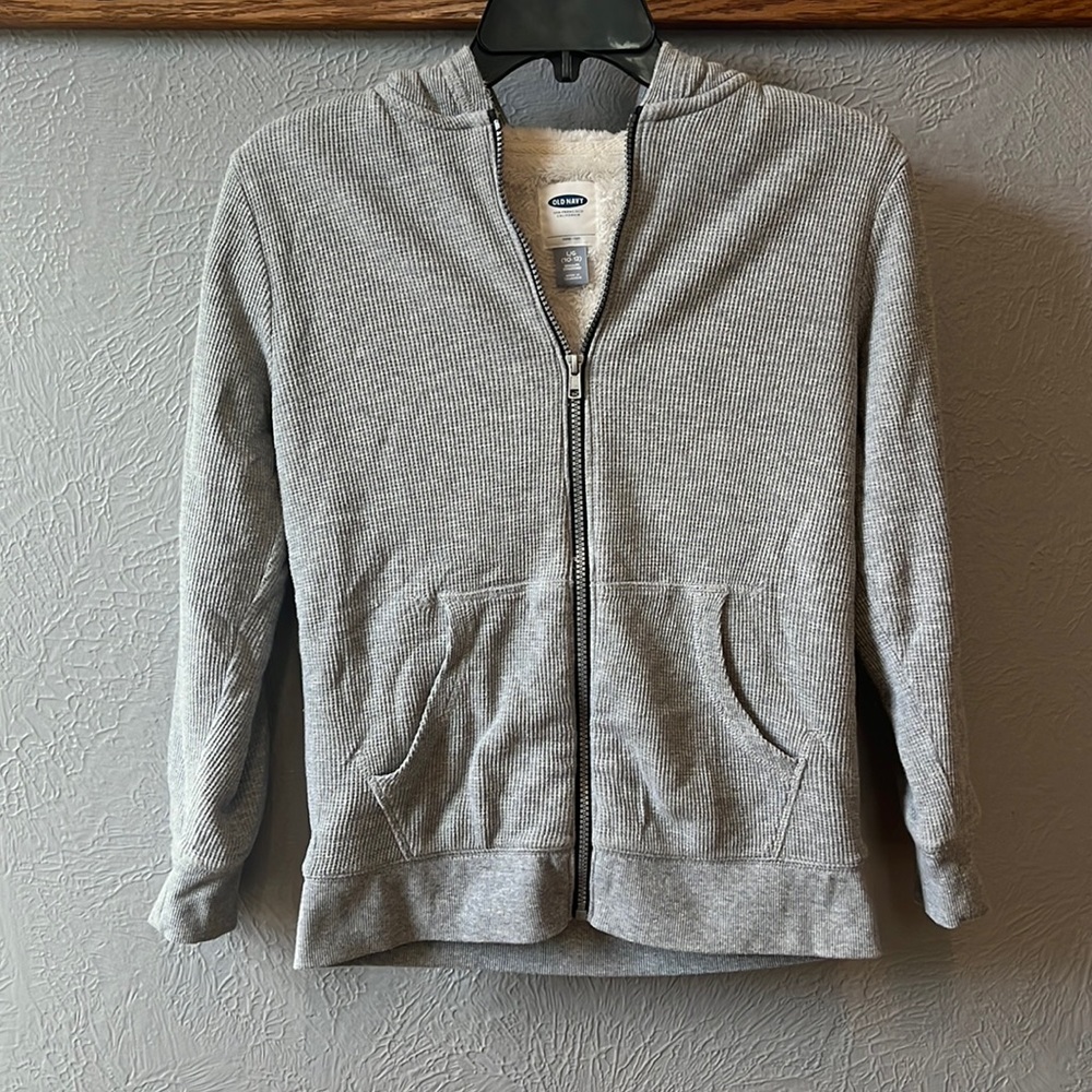 Boys Thermal Knit Sherpa Lined Zip Hoodie Size L/G 10-12 Light Gray and Cream